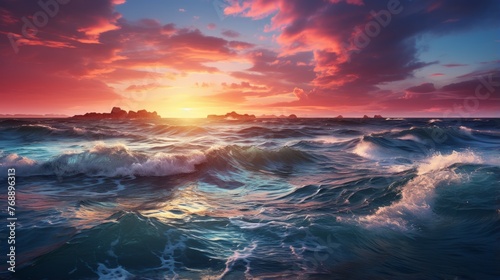 The setting sun casts a pink and purple glow over the ocean waves