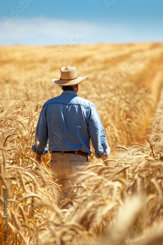 Farmer walking through a golden wheat field 