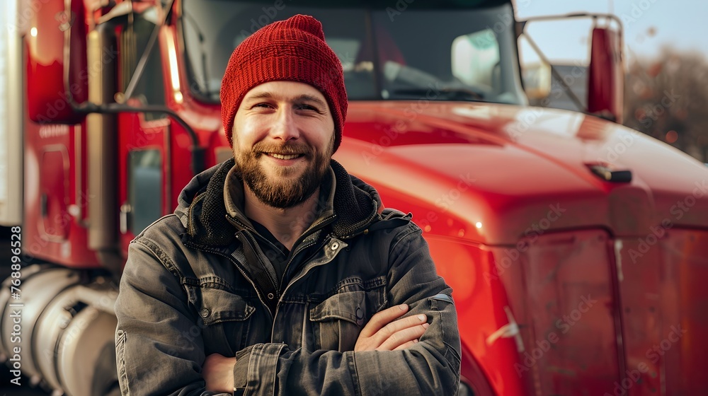 Smiling man in red beanie stands confidently in front of truck. Casual style, outdoors, transportation industry theme. Professional look, friendly expression. AI Smiling man in red beanie stands confidently in front of truck. Casual style, outdoors, transportation industry theme. Professional look, friendly expression. AI