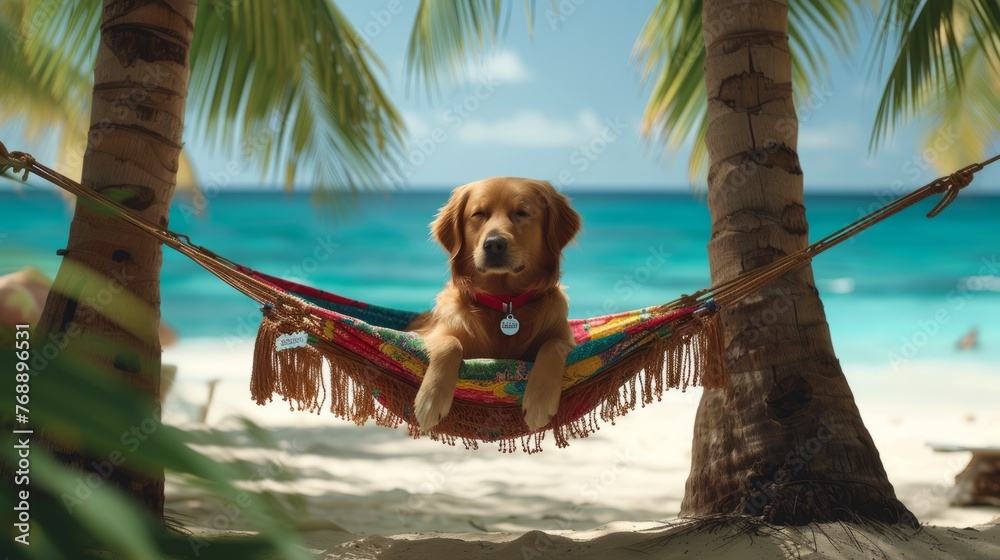 A Golden Retriever Dog Lying On A Hammock Under Palm Trees At The Beach - obrazy, fototapety, plakaty 