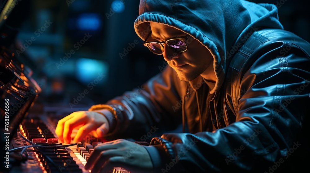 A hacker in a dark room wearing a hoodie and glasses is typing on a keyboard.