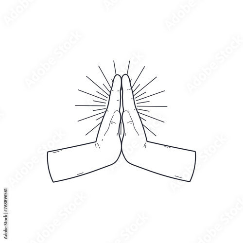 Radiant prayer hands line art vector illustration