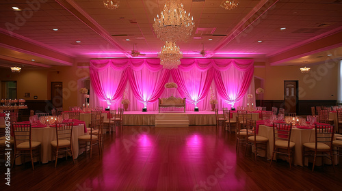 A large room with pink decorations and a chandelier. The room is decorated for a wedding