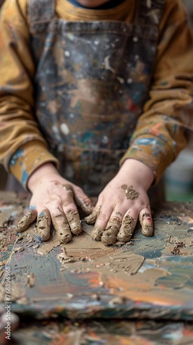 Overhead, child's hands in clay, sharp focus, studio lighting, active artistic process © HDP-STUDIO
