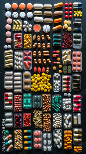 A collection of pills and tablets in various colors and shapes. Concept of abundance and variety, with a multitude of options available for different needs