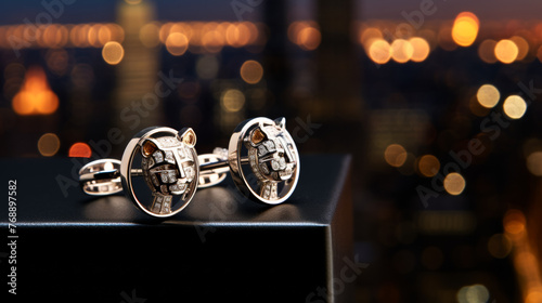 Two cufflinks with a tiger head design are displayed on a black box. The cufflinks are made of gold and have a diamond design. The image has a warm and luxurious feel to it