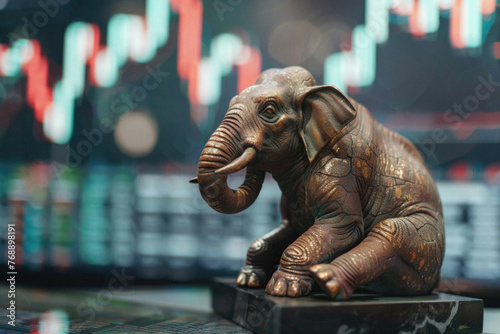 A gold elephant statue sits on a pedestal in front of a graph of stock prices