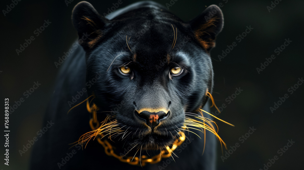 A black panther with a gold chain around its neck. The panther has a fierce look on its face