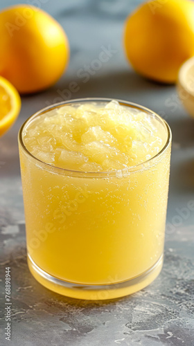 A glass of a yellow drink is on a table with a bowl of oranges. The drink is cold and refreshing, and the oranges are ripe and ready to eat. The scene is inviting and relaxing