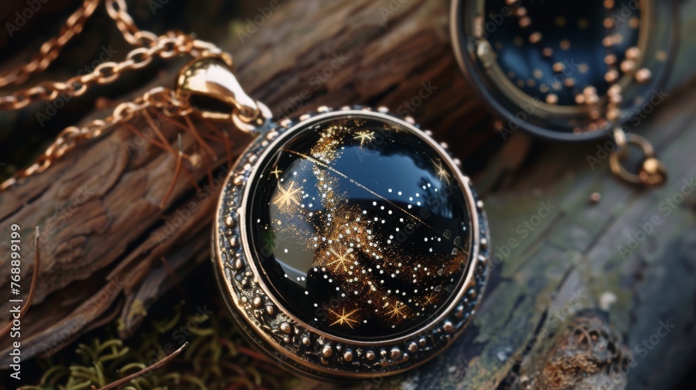 Sparkling Cosmic Pendant on Wooden Surface