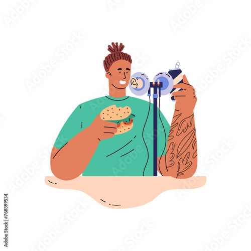 Vector flat illustration of a young ASMR blogger guy with a microphone eating a delicious burger with soda