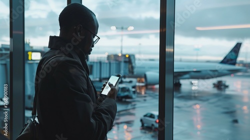 Business traveler checking flight schedule at airport window with plane taking off - technology, travel, and businessman reading international travel restrictions app online
