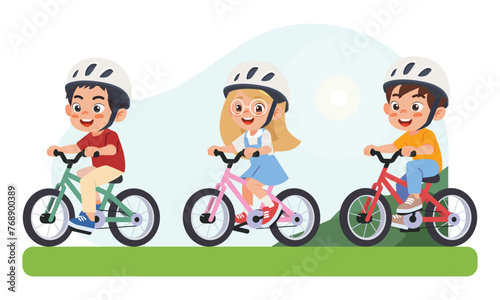 little kid boy and girl ride a bicycle in the park.