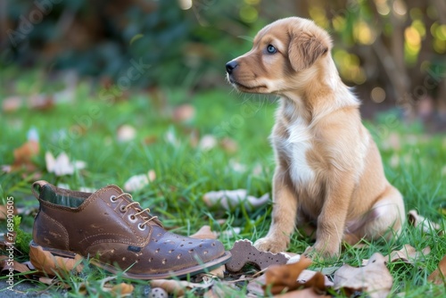 pup sitting by a chewedup shoe