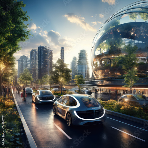 A futuristic city with cars driving down a street. The cars are small and futuristic, and there are many people walking around. Scene is one of excitement and innovation photo