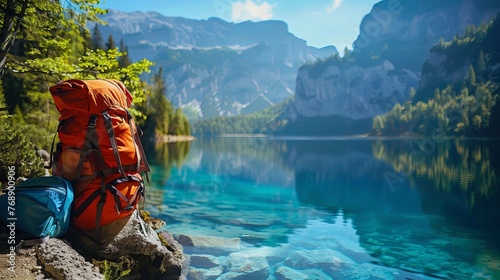 Exploring nature: camping backpacks amidst serene lake - travel, adventure, and outdoor exploration concept