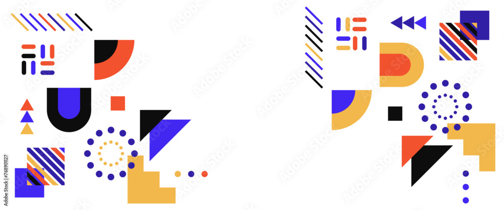 Obraz premium Colorful banner vector memphis geometric style background template. For web design, business presentation, website header, invitation background