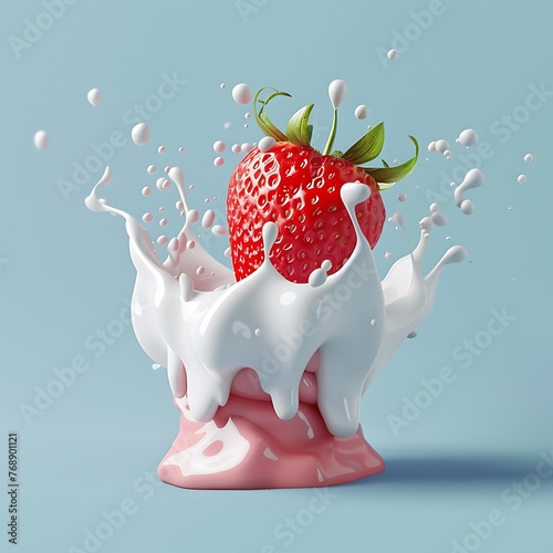 3D-rendered milk twister swirling with drops, alongside strawberries, in high definition against a cyan backdrop