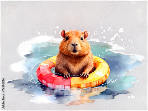 Cute capybara in a swimming circle, watercolor illustration, png on transparent background