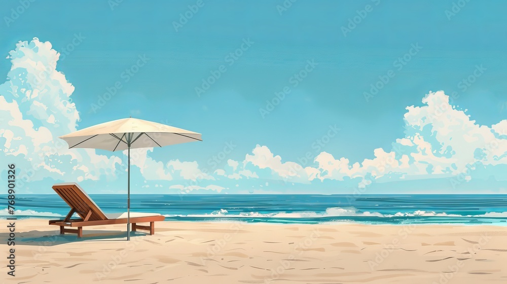 Beautiful wide panorama of tranquil beach scene with white sand, lounge chairs, and umbrella - ideal travel and tourism banner background, relaxation concept Beautiful wide panorama of tranquil beach scene with white sand, lounge chairs, and umbrella - ideal travel and tourism banner background, relaxation concept