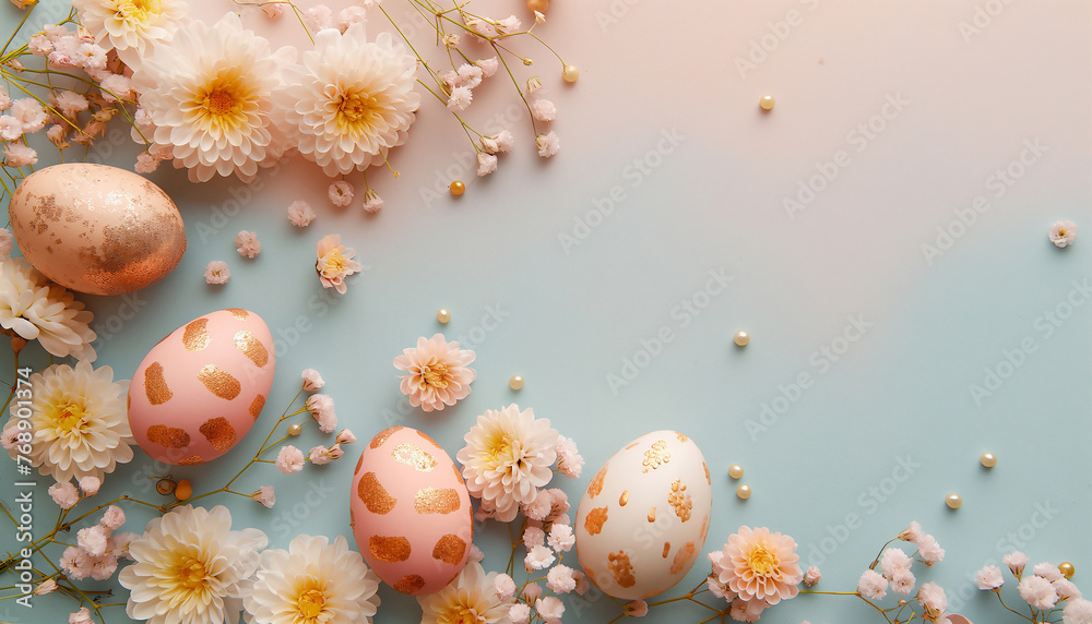 Happy Easter composition with painted eggs and flowers. Soft light. Pastel colors. 
