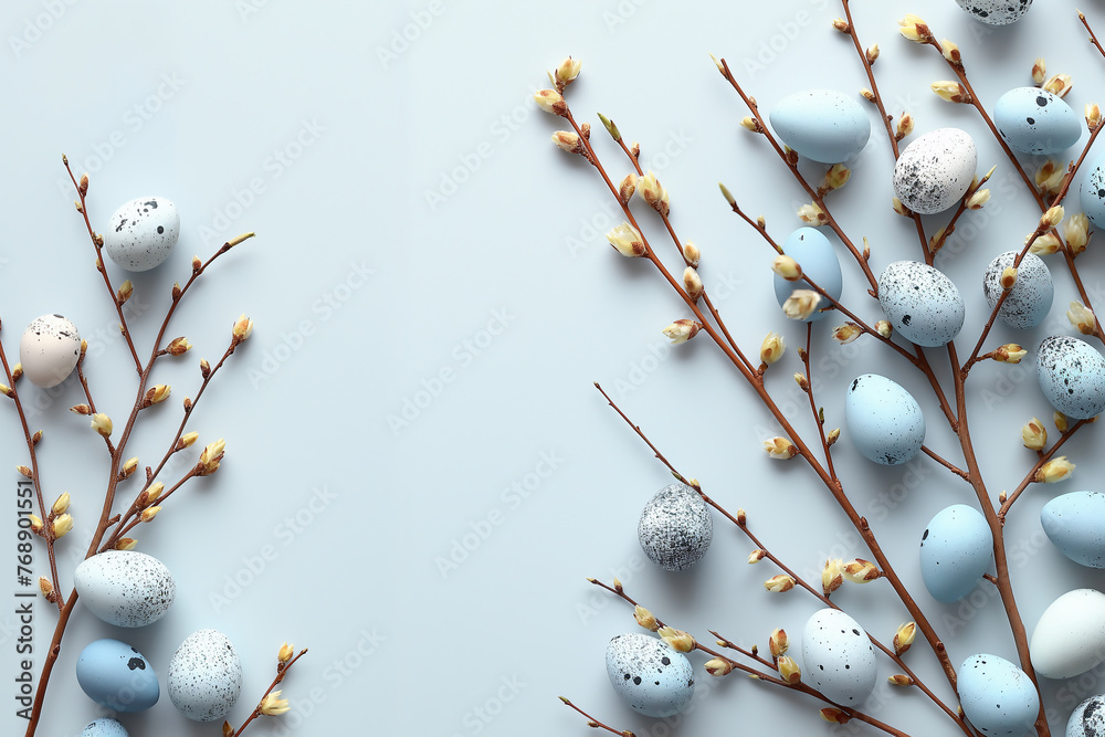 Happy Easter composition with painted eggs and flowers. Soft light. Pastel colors. Happy Easter composition with painted eggs and flowers. Soft light. Pastel colors.