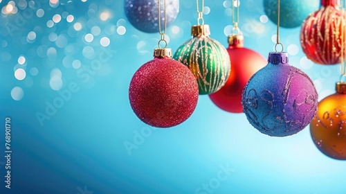 Christmas balls hanging elegantly as festive sales banner decor, free copy space