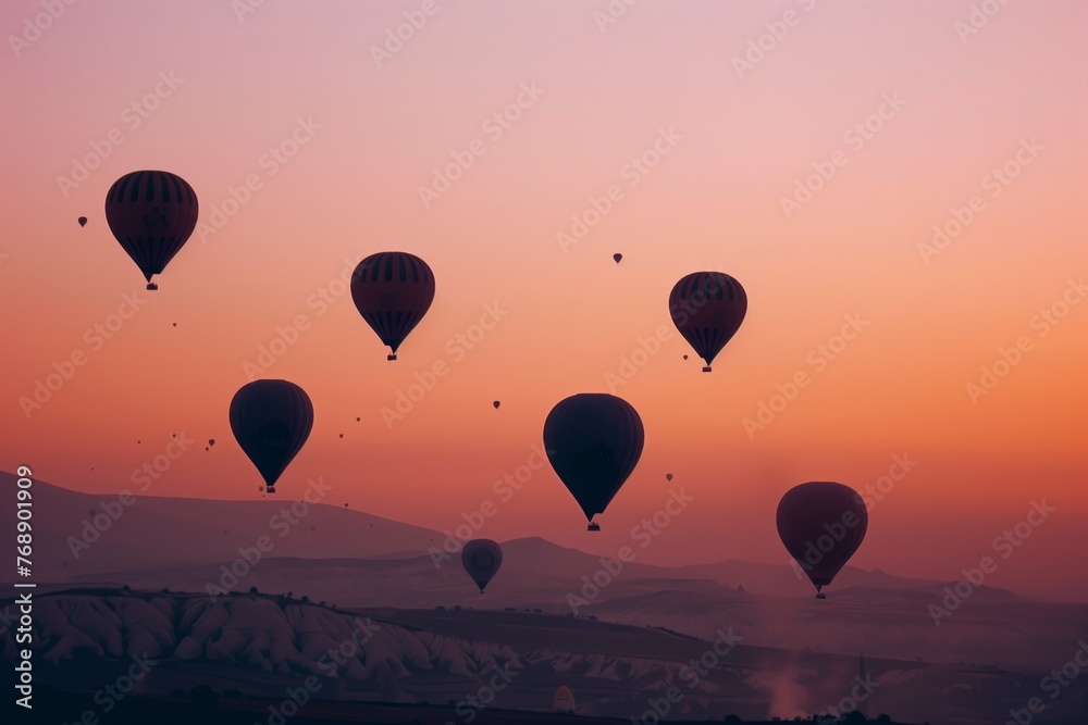 Fototapeta premium multiple balloons taking flight, pinkorange dawn sky