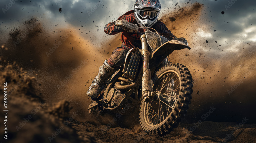 A man is riding a dirt bike through a muddy field. The dirt bike is covered in mud and the man is wearing a helmet. The scene is intense and action-packed