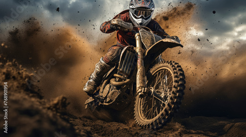 A man is riding a dirt bike through a muddy field. The dirt bike is covered in mud and the man is wearing a helmet. The scene is intense and action-packed © Дмитрий Симаков
