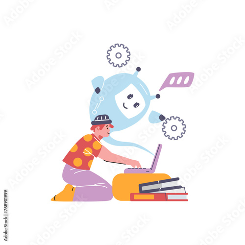 Boy studying with artificial intelligence on laptop - vector online learning concept.
