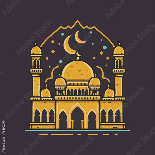 2d vector illustration art colorful Ramadan mosque professional shirt design, illustration, typography, dark fantasy