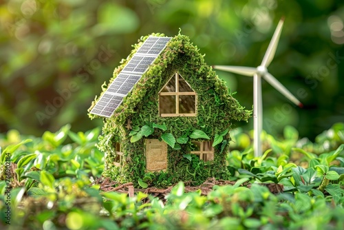 Eco-friendly miniature house covered with lush green ivy and equipped with solar panel and wind turbine