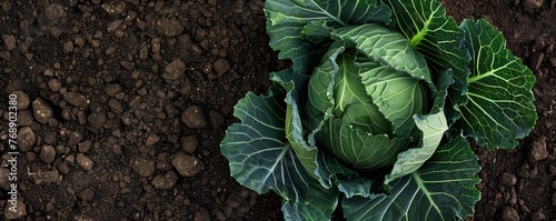 Soil background, top view with cabbage plant on the right side