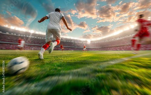 Dynamic action in a soccer match, low angle shot and motion blur effect
