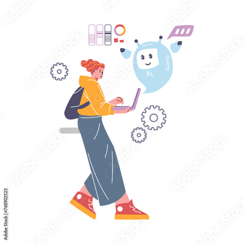 Girl student goes with laptop, study with chat bot while walking, online ai robotic assistance, vector digital education