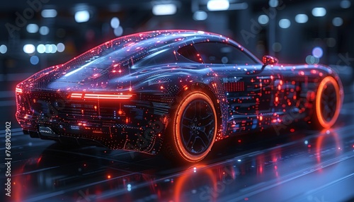 The screen displays a dynamic visualization of a tree super car rendered in D showcasing its intricate details  Generated by AI.