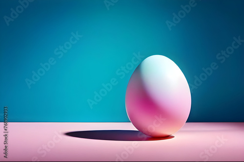 a colorful, gradient, vibrant pastel easter egg resting on a seamless white surface cast soft shadow against a blue background