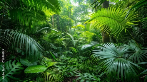 Exotic tropical forest with lush palm leaves and trees  wild jungle concept for panoramic wallpaper