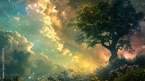 Enchanted Forest Under Starlit Galaxy Sky