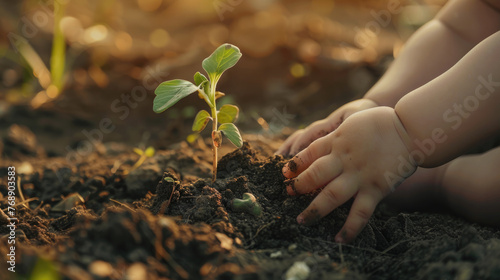 child planting young sapling in soil at sunset - a child's hands gently surround a young sapling, nurturing its growth in the fertile soil against the backdrop of a golden sunset.