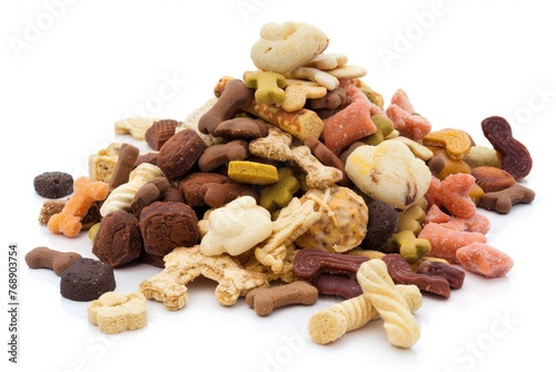 pile of assorted pet treats on a white background photo