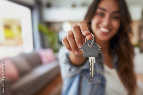 Woman smiling, holding a house key in her hand.
