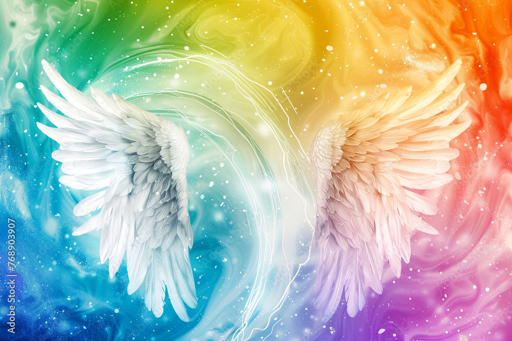 Titolo: Angel Wings on spiraling Rainbow colored Background with white ...