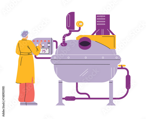 Cosmetic production process, woman sets temperature using special equipment