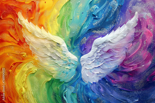 Titolo: Angel Wings on spiraling Rainbow colored Background with white energy between wings photo