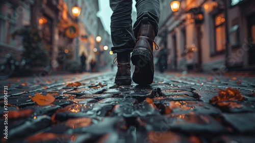 A pair of shoes walking alone on a cobblestone street