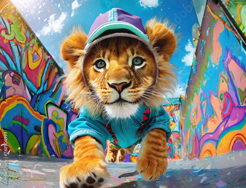 Adorable Little Lion Boy Walking Through Vivid Colored Street Art
