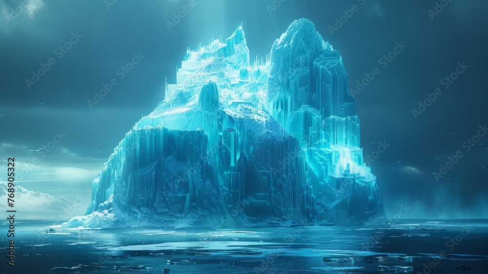 Iceberg evolving into a crystal palace beneath the ocean