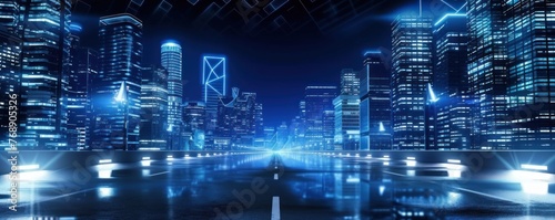 Futuristic cyberpunk neon deserted City Street at night © diwek